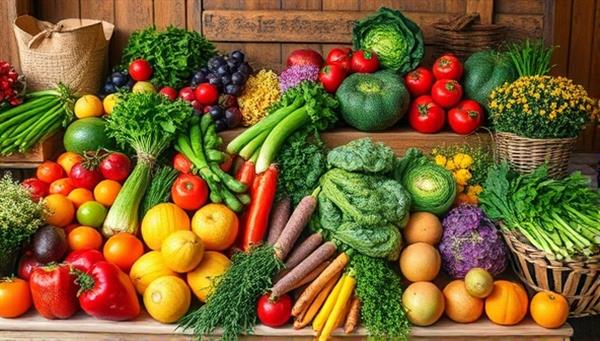 A vibrant image showcasing an assortment of fresh fruits, vegetables, herbs, and flowers arranged in a rustic and inviting farm stand setting, conveying the abundance and freshness of locally-grown produce available through the online marketplace.