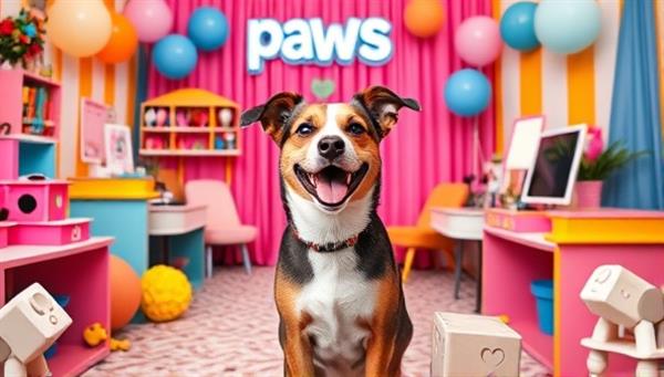 A beautifully decorated pet photo booth with colorful props and backdrops, capturing a joyful dog striking a pose with a big smile, surrounded by playful elements and a friendly photographer, showcasing the inviting and creative atmosphere of Paws & Pixels Studio.