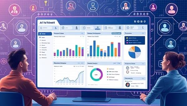 An AI-powered market research dashboard displaying real-time consumer insights, trend analyses, and competitive intelligence data, surrounded by digital representations of market segments and target audiences, illustrating the platform