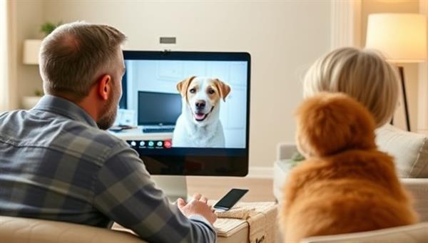 A heartwarming telemedicine consultation scene showing a pet owner interacting with a caring veterinarian through a video call, with a happy pet in the background, highlighting convenience and personalized pet healthcare from home.