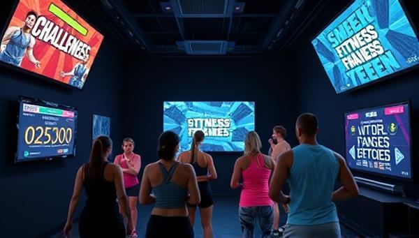 An energetic image of the Fitness Gamification Studio featuring participants engaging in a group workout session with interactive screens displaying fitness challenges, game scores, and motivational messages, creating a dynamic and competitive atmosphere that combines physical activity with gaming fun and excitement.