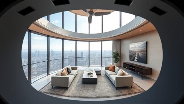 An engaging VR headset view of a luxurious penthouse interior with panoramic views, interactive hotspots for exploring different design elements, and immersive sound effects, creating a lifelike architectural experience.