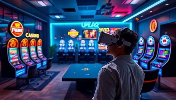 A futuristic living room setup with a person wearing a VR headset, fully immersed in a virtual casino environment with digital slot machines, a poker table, and neon lights, capturing the excitement and realism of the VR experience.