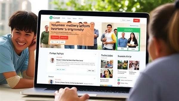 An online volunteer matching platform featuring a dynamic interface with project listings, volunteer profiles, and success stories, showcasing the impact of volunteer efforts on local communities and fostering a culture of giving and social responsibility.