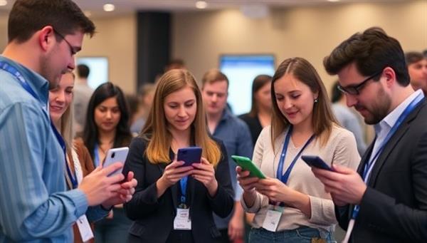An image of a diverse group of people at an event using rented telecommunications equipment such as tablets, smartphones, and conference call devices, highlighting the convenience and versatility of the rental service.