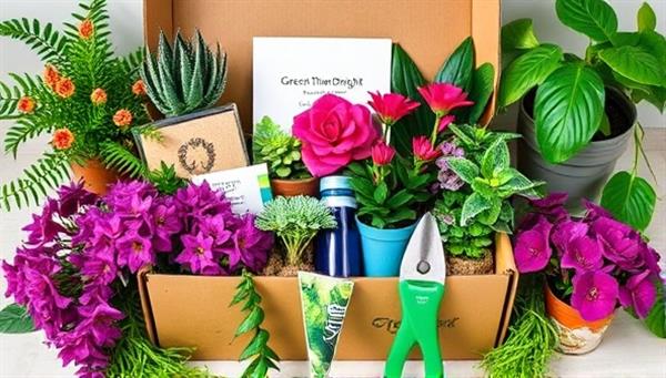 An array of vibrant and lush plants and gardening tools arranged in a subscription box, surrounded by greenery and natural elements, inviting viewers to delve into the world of plant care and gardening with Green Thumb Delight.