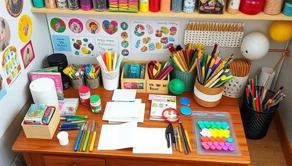 A cozy crafting corner with a colorful assortment of crafting materials, tools, and finished DIY projects displayed on a wooden table, creating an inviting and inspirational space for creativity and hands-on crafting exploration.