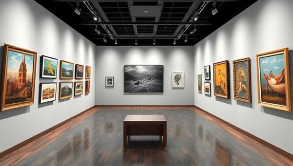 An immersive digital art gallery environment showcasing various art pieces on virtual display walls, with interactive features for zooming in, rotating, and learning more about each artwork, creating a unique online art experience.