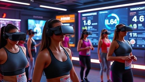 A futuristic gym setting with individuals wearing VR headsets, engaging in a virtual workout environment surrounded by digital displays showing workout stats and achievements, creating an immersive and high-tech fitness experience.