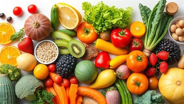 An image of a diverse array of fresh fruits, vegetables, and whole foods arranged artistically, symbolizing the essence of personalized nutrition and healthy eating habits.