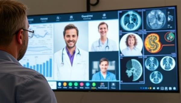 An individual engaging in a virtual medical consultation with a team of expert physicians displayed on a large screen, with medical charts and diagnostic images visible in the background, showcasing the professional and trustworthy nature of the online medical second opinion service provided by MedConsult Connect.