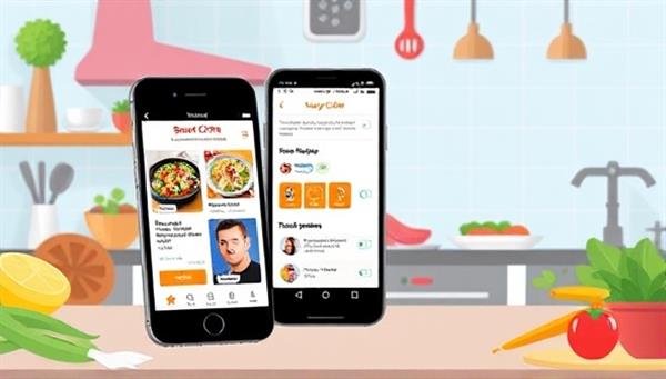 An illustration of a smartphone displaying the SmartChef Creations app interface with colorful recipe cards, personalized meal suggestions, and a chatbot assistant, set against a backdrop of a bustling kitchen with fresh ingredients, showcasing the app