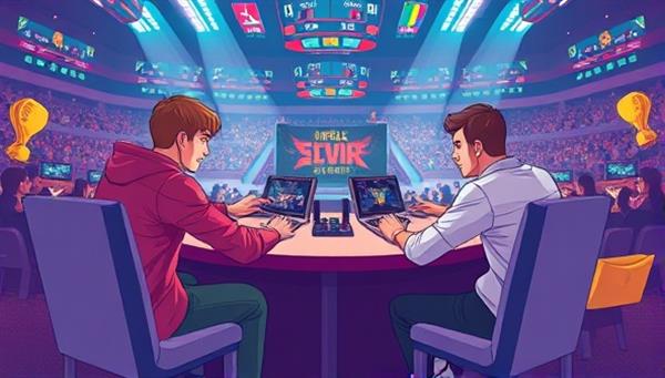 An illustration of two players engaged in a competitive gaming match, surrounded by a virtual arena filled with spectators and prize rewards, highlighting the excitement and competitive spirit of skill-based betting tournaments.