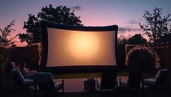 An outdoor setting at dusk with a large inflatable movie screen glowing in the twilight, surrounded by fairy lights and comfortable seating arrangements, creating a magical and inviting ambiance for a movie night under the stars.