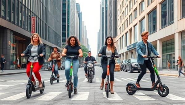 An urban setting with diverse individuals effortlessly riding electric scooters through a bustling city street, showcasing convenience, sustainability, and modernity.
