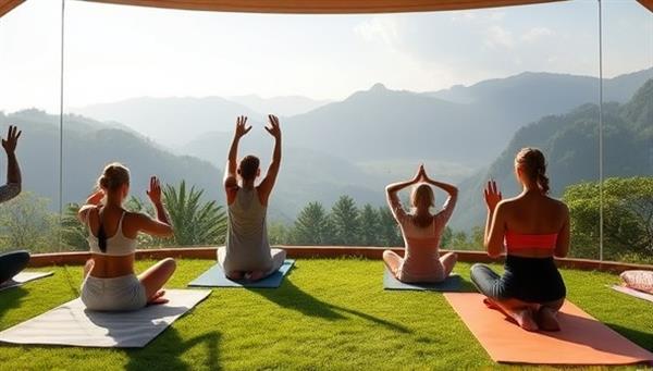 A serene virtual retreat setting with participants engaging in mindfulness activities, yoga poses, and meditation practices against a backdrop of tranquil nature scenes, creating a calming and harmonious atmosphere conducive to relaxation and inner peace.