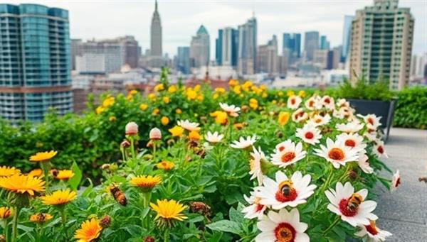 A rooftop garden buzzing with activity as bees pollinate flowers, framed by a backdrop of city skyscrapers, showcasing the harmonious coexistence of urban beekeeping and nature conservation.