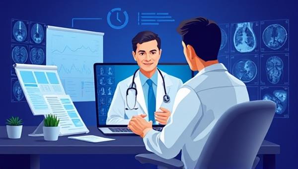 An insightful digital illustration of a specialist physician providing a remote medical consultation to a patient, surrounded by medical charts and diagnostic images, symbolizing expertise and clarity in medical decision-making through MedInsight Consult