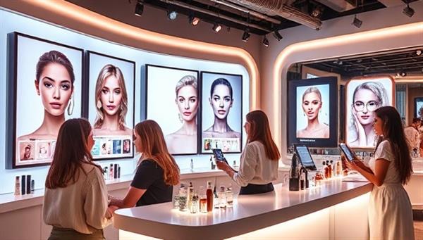 An innovative beauty tech bar setup featuring sleek touchscreens displaying virtual makeup try-on options, customers experimenting with different looks using AR technology, and beauty advisors assisting clients with personalized skincare recommendations, creating a futuristic and engaging beauty experience.