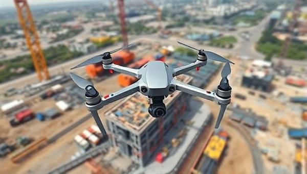 An aerial view of a construction site with IoT sensors and drones in action, collecting data on progress and safety measures, creating a digital twin of the site for real-time monitoring and analysis.