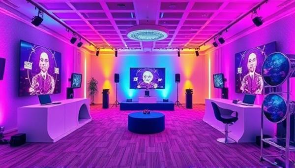 An artistic rendering of a virtual event space with interactive elements and vibrant colors, showcasing the potential for creative and engaging online gatherings through EventElevate.