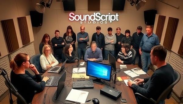 A creative visual representation of the SoundScript Studios team in action, featuring a diverse group of scriptwriters, voice actors, sound engineers, and producers collaborating in a dynamic studio environment, surrounded by microphones, soundproofing panels, and digital audio workstations, capturing the energy and creativity of podcast scriptwriting and production at SoundScript Studios.