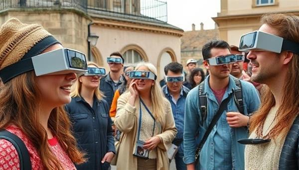 An immersive historical tour scene with participants wearing AR glasses, interacting with virtual historical figures and scenes overlaid on the real-life environment, creating a captivating and educational experience for visitors.