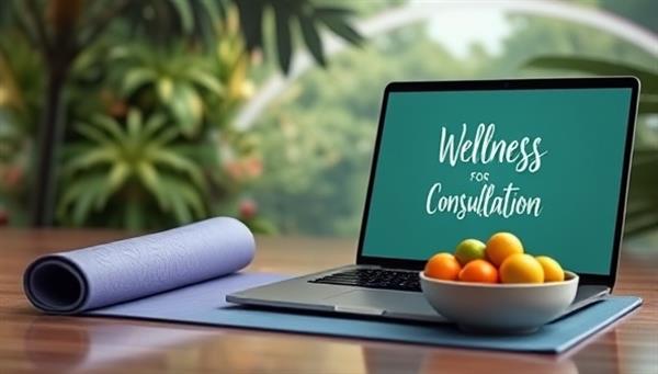 A serene virtual background with a yoga mat, a laptop displaying a wellness consultation, a bowl of fresh fruits, and a motivational quote on a digital screen, evoking a sense of calm and holistic well-being.