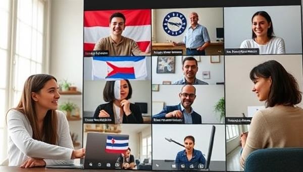 An interactive language learning session with participants from different countries engaging in a virtual language exchange, practicing conversation skills and cultural insights, with language learning tools and resources visible on the screen, creating a dynamic and inclusive online learning environment.