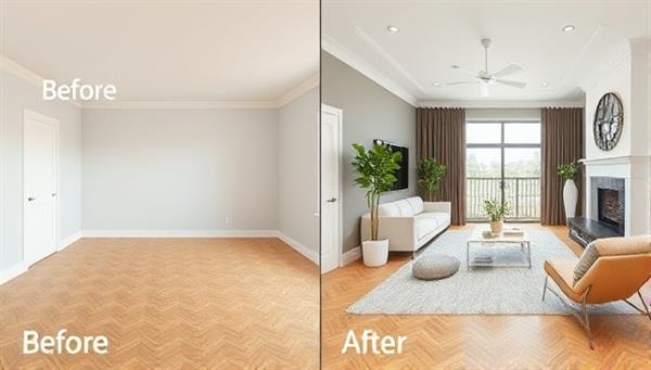 An image showing a before-and-after comparison of a room, with one side empty and the other virtually staged with modern furniture and decor, illustrating the transformation potential of virtual staging.