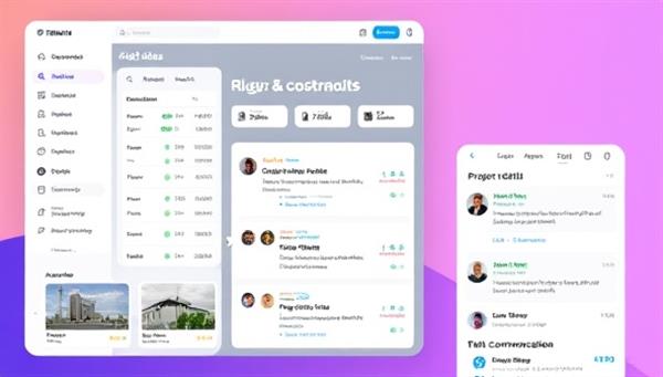 A dynamic platform interface showcasing real-time bid updates, project details, and interactive communication channels between contractors and project owners, highlighting the platform