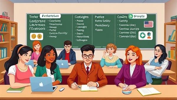 An interactive digital classroom environment featuring diverse avatars engaged in language learning quests, practicing vocabulary, and communicating in multiple languages with interactive language tools and rewards, symbolizing fun, immersion, and progress in language acquisition through gamification.