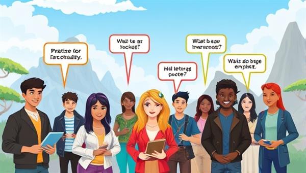 A diverse group of avatars engaging in language learning activities in a vibrant virtual world, practicing vocabulary, interacting with NPCs in different languages, and completing quests, illustrating the immersive and educational experience of LingoQuest Adventures.