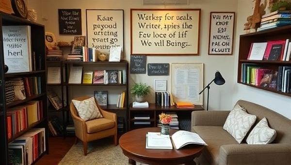 An inviting workshop space with cozy writing nooks, shelves filled with inspirational books, writing journals, and pens, surrounded by motivational quotes and creative artwork, evoking a warm and stimulating environment for writers to explore their craft.