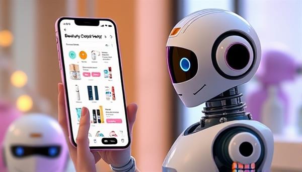 An artistic representation of a virtual chatbot with a beauty-themed interface, showcasing various skincare and makeup products, engaging with a user on a smartphone screen, illustrating the convenience and personalization of the service.