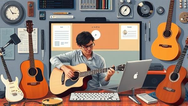 An artistic representation of a virtual music mentorship session with a musician receiving feedback from a mentor, surrounded by musical instruments and digital tools, capturing the collaborative and supportive environment of HarmonyMentor Network in music mentorship.
