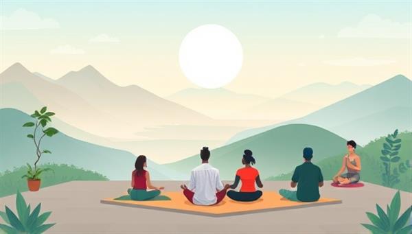 A tranquil digital illustration featuring a virtual wellness retreat scene on the Virtual Zen Haven platform, with serene nature landscapes, calming sounds, and a diverse group of participants engaging in wellness activities, conveying a sense of relaxation, balance, and connection in the virtual retreat experience.