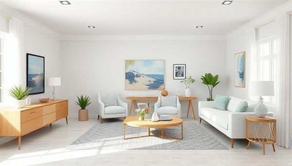 A digital room rendering with a virtual designer showcasing different decor styles and furniture options, creating a visual transformation of a space, highlighting the innovative virtual design consultation service.