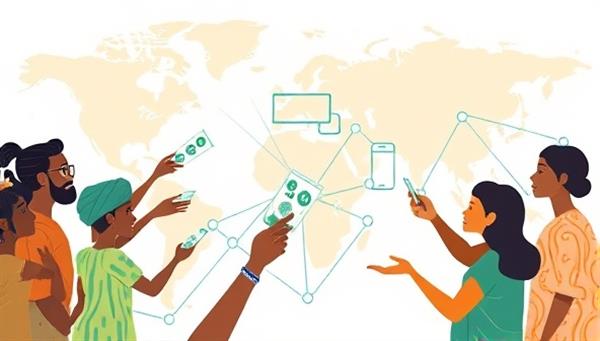 An artistic illustration depicting a diverse group of people from various cultures exchanging money digitally through a network of interconnected nodes, symbolizing financial inclusion and global connectivity.