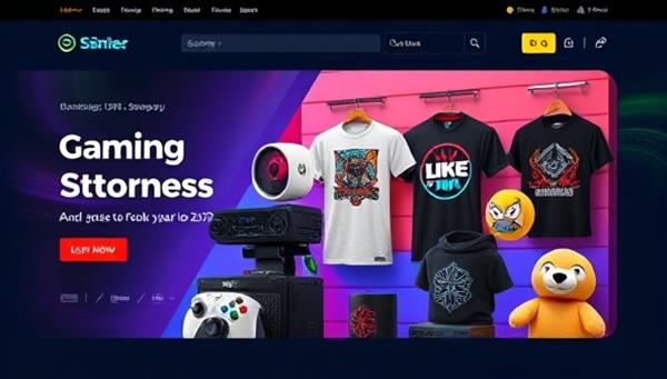 An online store homepage featuring a vibrant display of gaming merchandise, including graphic tees, mugs, and plushies, with a sleek and inviting design that appeals to gamers of all ages.