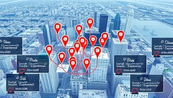A map visualization highlighting a cityscape with location pins representing targeted local businesses and personalized ads, alongside icons of happy customers engaging with the promotions, showcasing the precise and impactful nature of LocalReach