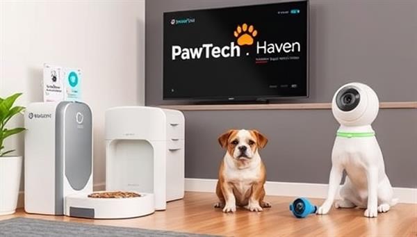A modern pet care setup featuring automated feeding stations, GPS pet trackers, and smart pet cameras, capturing the convenience and innovation of PawTech Haven