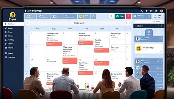 A virtual event planning dashboard displaying a calendar, event timelines, and communication tools, with a team of planners coordinating details and logistics in real-time, showcasing professionalism and efficiency in event management.