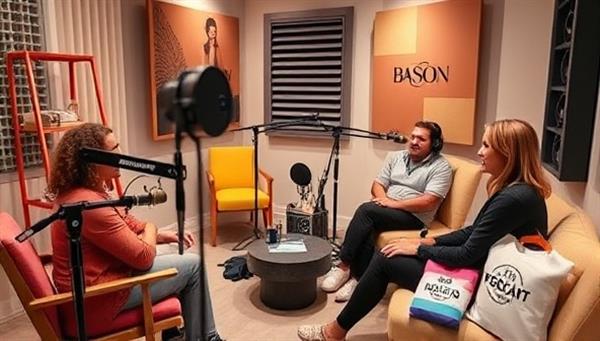 A modern podcast studio setup with professional recording equipment, soundproofing panels, and cozy seating for podcast guests, a host recording a beauty podcast episode with a guest expert, colorful mic covers and branded podcast merchandise on display, creating a vibrant and inviting atmosphere for creative discussions and content creation.