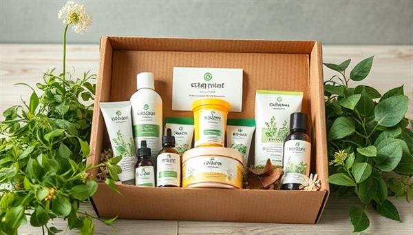 An aesthetically pleasing image featuring a collection of eco-friendly beauty products arranged in a sustainable packaging box, surrounded by greenery and natural elements, conveying a sense of eco-consciousness and beauty wellness.