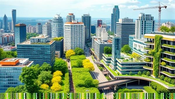 An urban cityscape with vibrant greenery and eco-friendly buildings, showcasing a harmonious blend of nature and modern infrastructure, representing the essence of sustainable business practices.