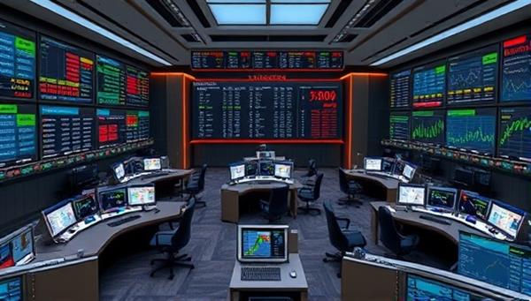 A virtual trading floor environment with digital stock tickers, graphs, and trading terminals, where players are actively making investment decisions and analyzing market trends, with a leaderboard displaying top traders and virtual rewards, creating a dynamic and immersive stock trading simulation experience.