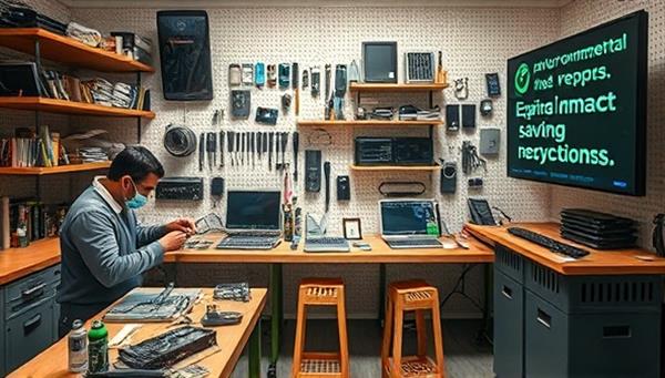 A dynamic repair station with technicians working on disassembled devices, shelves stocked with spare parts and tools, a bin for e-waste collection, and a digital display showing environmental impact savings through tech repair and recycling efforts, highlighting sustainability and innovation in tech solutions.