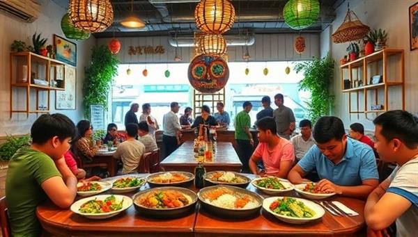 A vibrant cafe setting with colorful fusion dishes, exotic decor elements, and a diverse group of patrons enjoying a culinary journey around the world, capturing the essence of cultural fusion, creativity, and communal dining experiences.