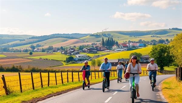 A picturesque rural landscape with rolling hills and a small town in the background, featuring a group of diverse individuals happily riding electric scooters along a scenic country road, symbolizing sustainable mobility and community connectivity.